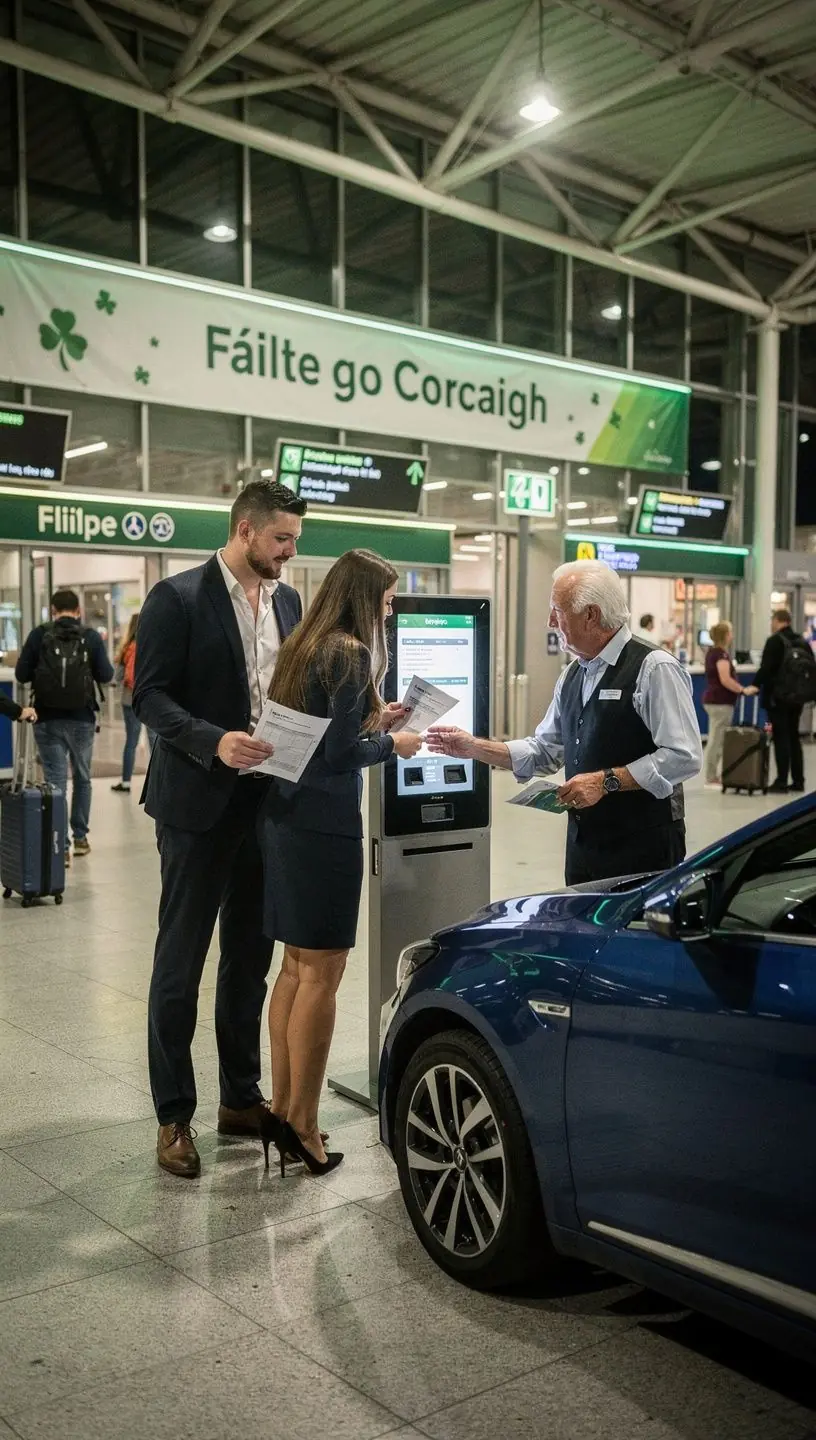 A checklist with essential items for picking up a rental car displayed on a clipboard.