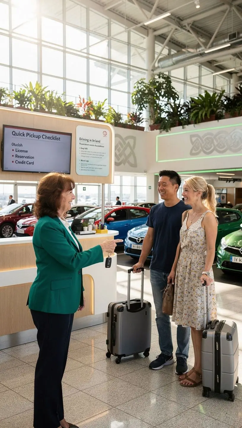 A smiling family loading their luggage into a rental car outside an airport.